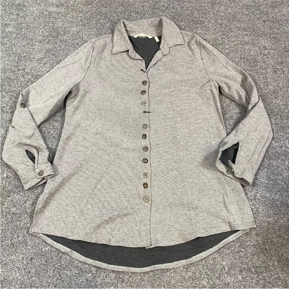 Soft Surroundings Sydney Shirt Medium Gray Waffle Tab Sleeves Cotton 2AU91 - Picture 1 of 7